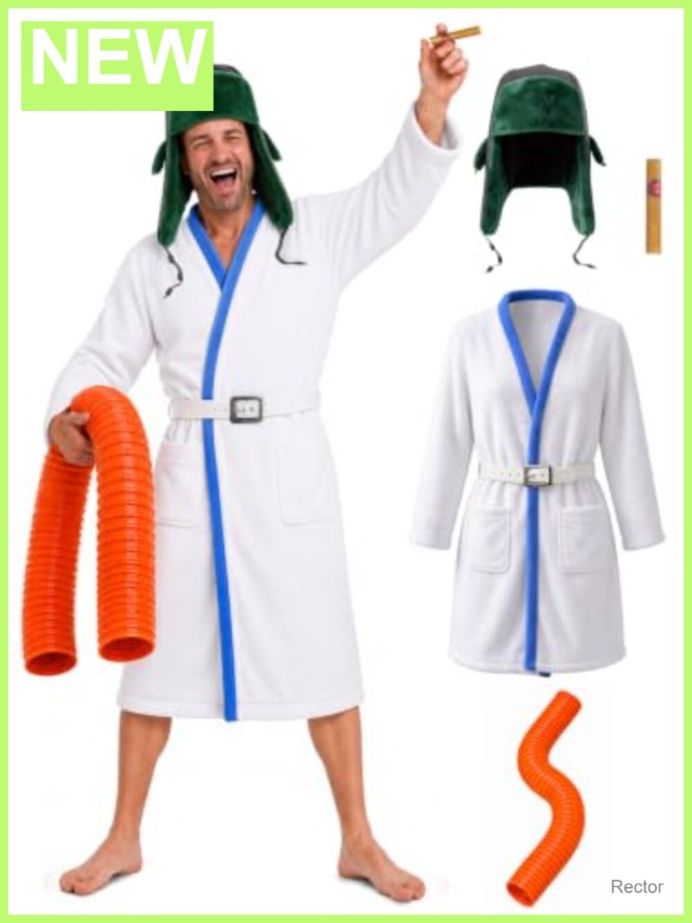 Men's Funny Holiday Costume Set with White Robe, Hat, Orange Tube, Belt